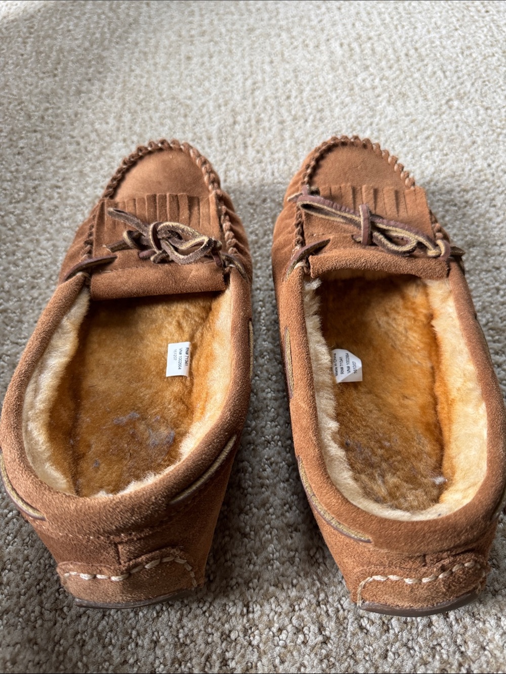 LL Bean Women’s Tan Suede Wicked Good Moccasin Slippers Shearling Lined